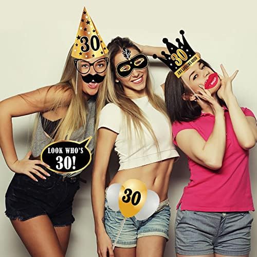 Количина 24 парчиња 30 -ти роденденски фото -штанд реквизити селфи реквизити за роденденска забава 30 -ти роденденски дизајн со сјајно црно злато