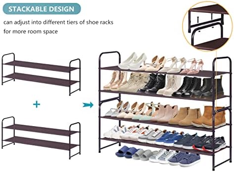 Ауда долга 2 нивоа решетки за чевли за широко ниска полица за чевли, 4 нивоа организатор на метални чевли за плакарот, пакет со 2 артикли