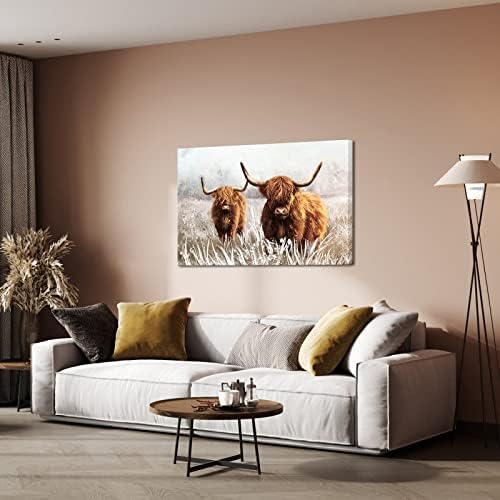 Хајленд крава wallид декор рустикален диви животни платно wallид уметност Лонгхорн добиток за добиток за фарма за дневна соба спална соба wallидна