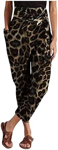 Highwaisted Dishable Leopard Prints Prinks жени на отворено права нога со џебови џогер ретро лета долг гроздобер