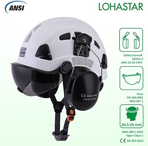 Безбедност на шлемот Хард капа со визир и заштита на слухот, Лохастар се впушти во АНСИ Z89.1 Одобрена работна кацига за шлемот за