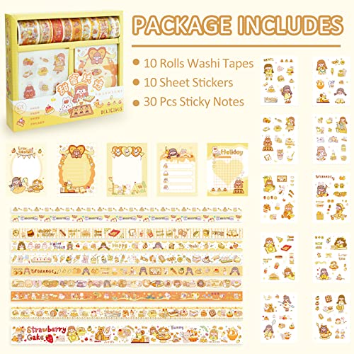 PDCTACST Kawaii Washi Masking Tape Memo Pad налепници сет, 10 ролни жолти декоративни ленти со 10 листови залепници за самолепливи