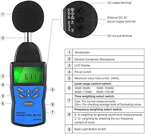 TWDYC 30-130DB дигитален мерач на звук Мерач на бучава Мерички инструмент за мониторинг на децибели Детектор за следење на аудио тестер