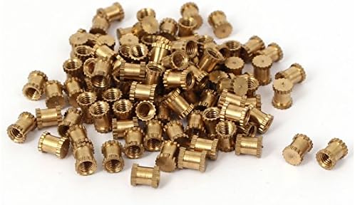 Aexit 100 парчиња нокти, завртки и сврзувачки елементи M3X5X4.3мм месинг женски навој вметнат вградени ножеви ореви ореви и завртки поставува златен тон