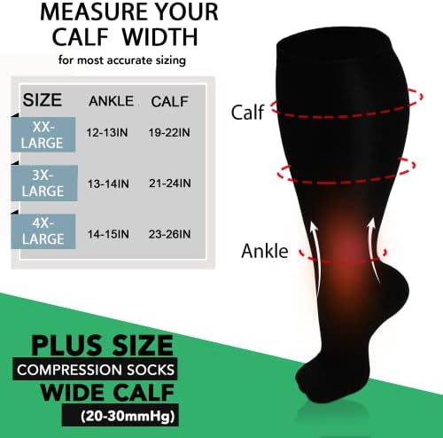 Get-FA 3 парови плус чорапи за компресија со големина за жени и мажи широко теле 20-30 mmhg Дополнителна голема поддршка на коленото