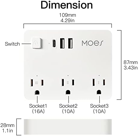 MoES WiFi Smart Power Strip, заштитник на пренапони со 2 USB порти, 1 тип C, 3 американски стандарден паметен излез и 5FT продолжено кабел,