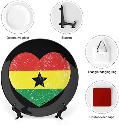 Гана Ретро Срце Знаме Декоративна Плоча Тркалезна Керамичка Плоча Коска Кина Плоча Со Штанд За Прикажување За Декор За Свадба За Забави