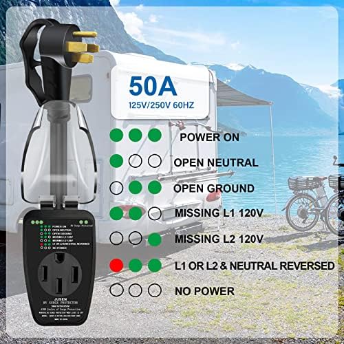 Gusen RV Surge Protector 50 засилувач со водоотпорен капак, водоотпорен RV заштитен напорен заштитник/анализатор на коло