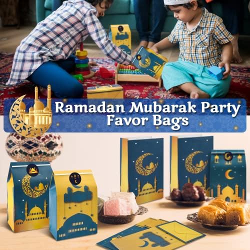 Еид Мубарак торби за подароци, 36pack Ramadan Goodie Paper Treat Tegks со налепници за деца муслиманска среќа Месечина Месечина starвезда,