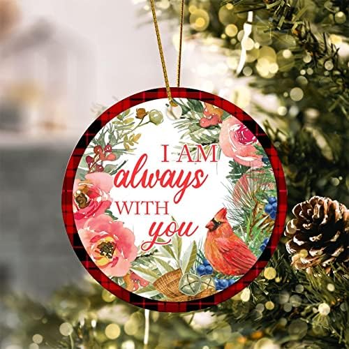 Јас сум секогаш со вас Божиќниот круг украс кардијален бивол кариран венец круг, радосен венец 3,2 инчи со златни жици Божиќни украси роденденски