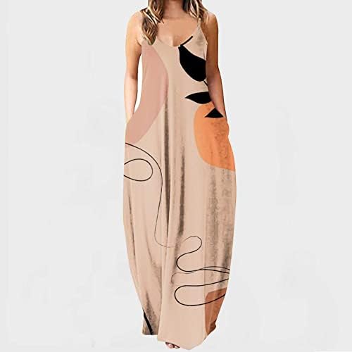 Женски обичен фустан 2023 пролетно лето печатење V вратот без ракави лабава висока стомак макси плус фустан со големина