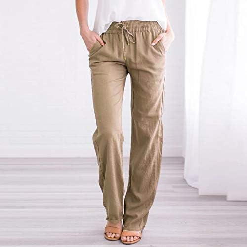 Женски обични панталони цврсти панталони со права нозе Постелнини со високи половини лабави панталони опуштени удобни памучни