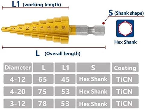 Gruni Step Cone Drible Bit 3-12/4-12/4-20мм дупка обложена дрвена метал зачекори вежба со права дупчење бит