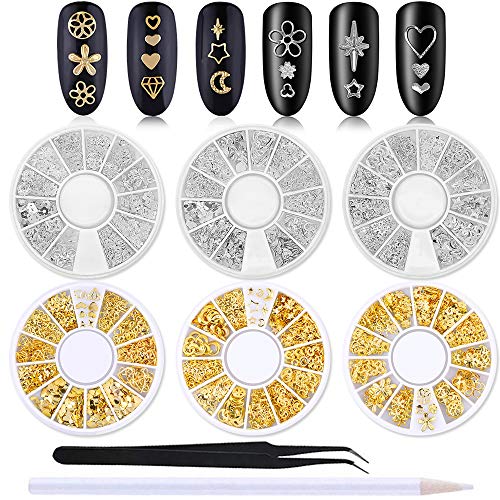 Wookoto 6 кутии злато сребрена шуплива нокти уметнички столпчиња поставени starвездички цветни нокти за забивање маникир украси за накит