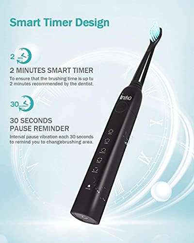 Initio Sonic електрична четка за заби за возрасни, четка за заби што се надополнува со паметен тајмер, 5 режими, 3 глави на четки, 40,000