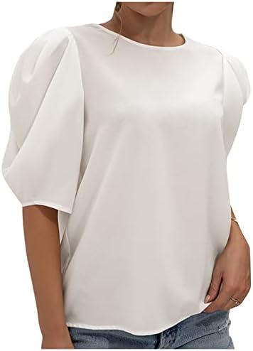 Lcepcy обични летни врвови за жени со ракав на ракав со тркалезните врвови на вратот лабави вклопени блузи за носење со хеланки