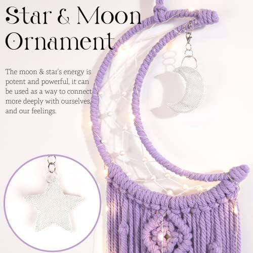 Boho macrame ткаен wallид што виси, капчиња полумесечина месечина starвезда сонувач со долги лајсни- бел памучен кабел рачно изработен