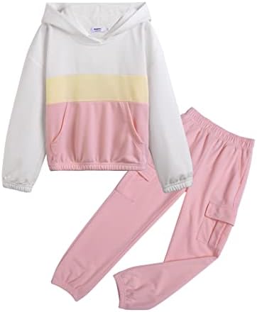 HOPEAC Девојки потта за потсети од 2 парчиња облека во боја на бојата, поставени обични дуксери за џемпери за џемпери со џебови со