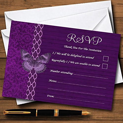 Рустикална гроздобер дрво пеперутка виолетова персонализирана картичка RSVP