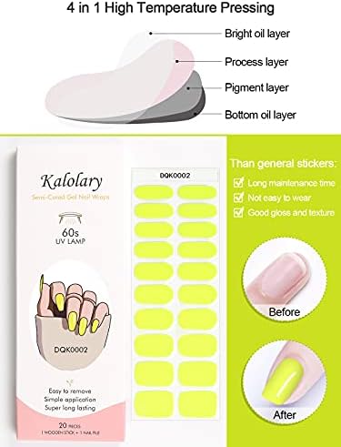 Калоларен 20 парчиња полу-излечен гел за нокти за нокти Полски ленти, цврсти жолти целосни нокти за лепење на лепила за лепење
