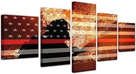 Haoshunda Decor Post, сликарство на платно печати слики 5 парчиња херој пожарникар Американски знаме слика за домашна декорација дневна соба