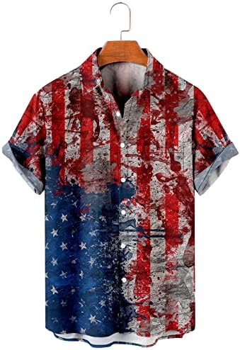 Беуу 4-ти јули Хавајски кошули за мажи лето патриотско американско знаме на плажа врвови на копчето надолу по редовно вклопување