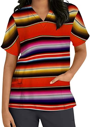 Графичка Блуза во боја За Тинејџерка Со Кратки Ракави Внек Спандекс Работа Пилинг Униформни Блузи Со Пруги Жени 2023