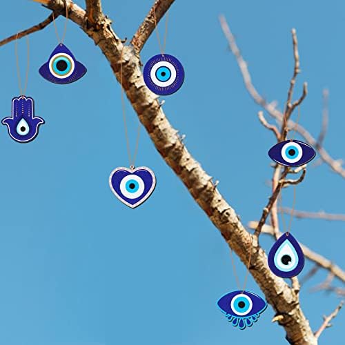 16 парчиња злобни очи декор за украси на дрвја, злобни очи Божиќни wallид декор шарм со јажиња злобно око автомобил што виси украс сино