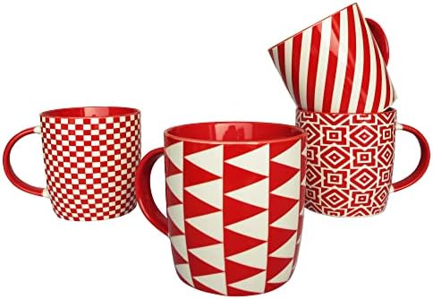 Керамички црвени чаши од Грифун, чаша од супа од чај од чај од 12oz со различен сет на шема од 4