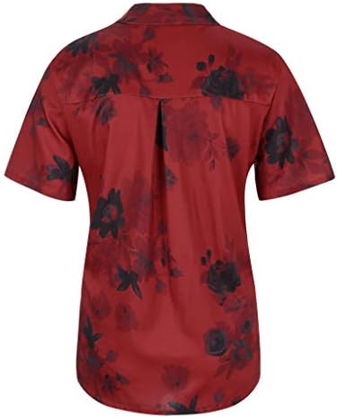 Uikmnh женски лабава цветна маица за печатење отворен врат лето летен случај со кратки ракави памучни врвови копчиња за копчиња