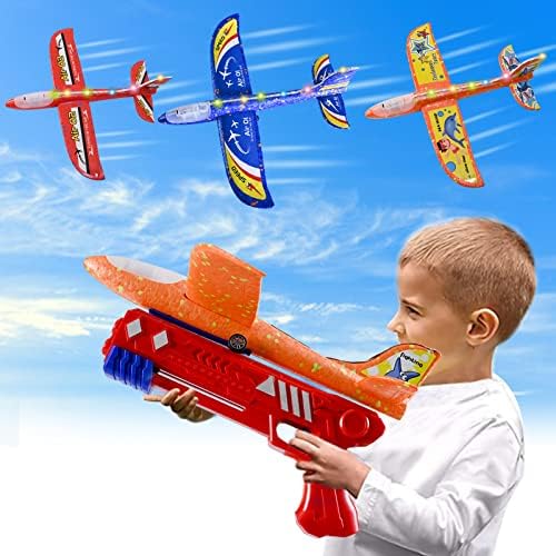 Играчки за фрлање авиони со авиони Rydyom 3 пакет, LED пена фрлајќи едриличарска играчка за момчиња со 3 налепници за DIY на отворено летачки