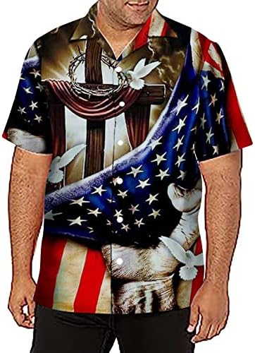 2023 Нова кошула за мажи лето 3Д Ден на независност на печатење Денот на американско знаме, случајно кратко ракав копче тен со долг