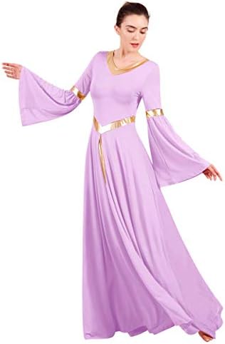 Womenените металик bellвонче со долг ракав пофалби танцувачки фустан лабаво одговараат литургиска лирска лирска танцова облека за богослужба
