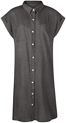 Фустани со маички со тексас, кратки ракави потресено копче за фустан од џин надолу случајна тунична фустан лето лабава смена миди фустан