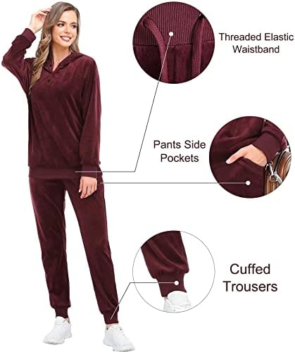 Облека со две парчиња за жени велур -тренерки со долг ракав целосен поштенски качулки салон за дневнички со џебови со џебови