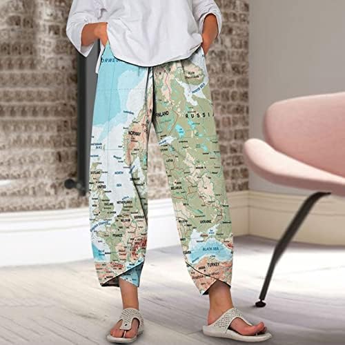 Обични панталони со капри за жени мода памучна постелнина капри пант гроздобер печатење плус големина тренинг харем панталони