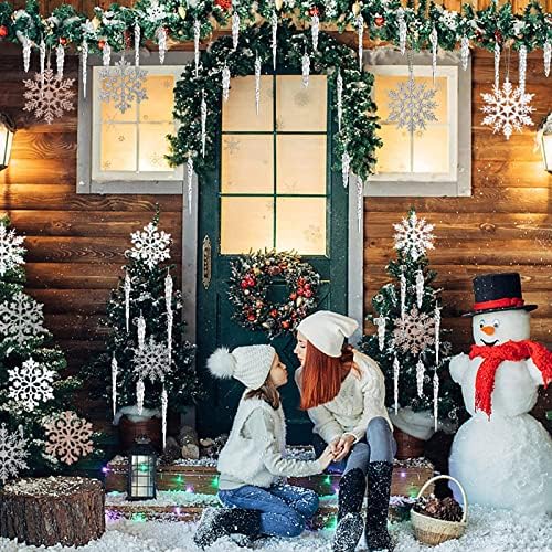 Божиќни украси за сладолед од снегулка, сјајни снегулки од 47 парчиња, чисти лекари што висат украси за украсување на празници за елка