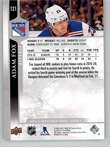 2020-21 Горна палуба 121 Адам Фокс Newујорк Ренџерс НХЛ картичка за трговија со хокеј