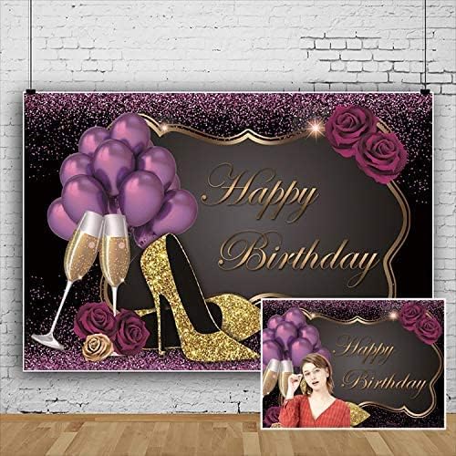 Розово злато сјај среќен роденден позадина, yeelle 10x8ft слатки пурпурни балони злато секвенци високи потпетици шампањско роденденско фотографирање