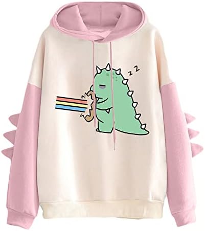 Симпатична пијалок диносаурус дуксери за жени каваи пуловер џемпери цртан филм животински принт со долги ракави врвови со качулка