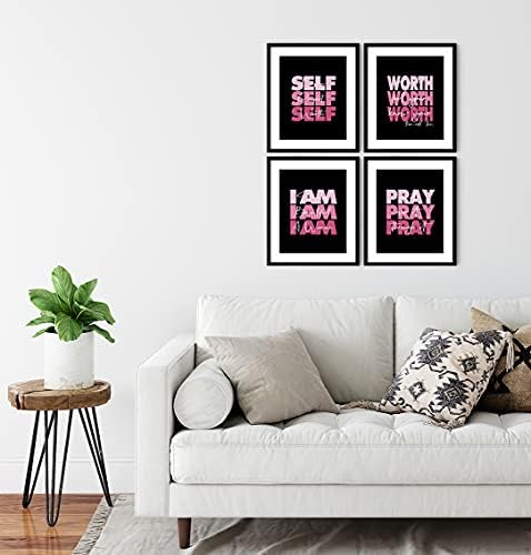 Huyaw розова жена девојче инспиративни цитати молете се вредни за wallидни уметности отпечатоци сет од 4, мотивациони постери