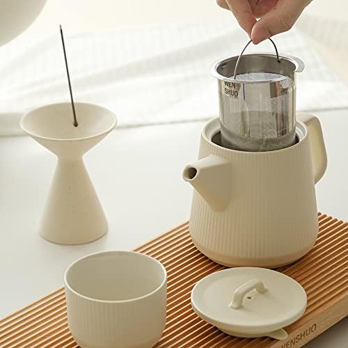 Чајник поставен со отстранлив инфузер, вертикални ленти со бакнеи керамички приготвува чај, голем капацитет, мат крем