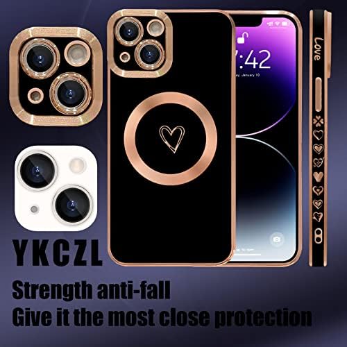YKCZL Компатибилен со Iphone 14 Плус Случај MagSafe, Луксузни Позлата Симпатична Срце Целосна Камера За Заштита На Објективот Магнетно