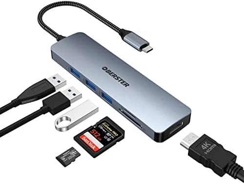 USB C Центар За MacBook Pro/Air, 6 во 1 MULTIPORT USB C Адаптер СО 4K HDMI, 3 USB 3.0, Sd/TF Читач На Картички Компатибилен Со Macbook