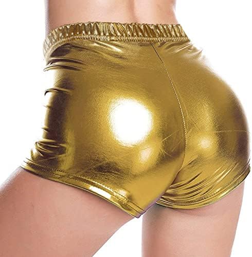 Женски металик со висока половината копче широко нозе Клуб ПУ кожни шорцеви се протегаат летни шорцеви топли панталони хеланки