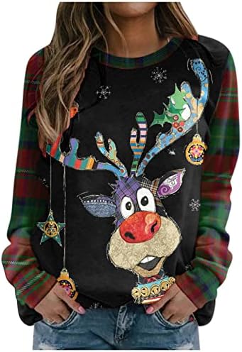 Божиќни џемпери на Зепервоба за жени Смешни Божиќни ирваси печати со долги ракави кошули Новини екипаж грда Божиќен џемпер