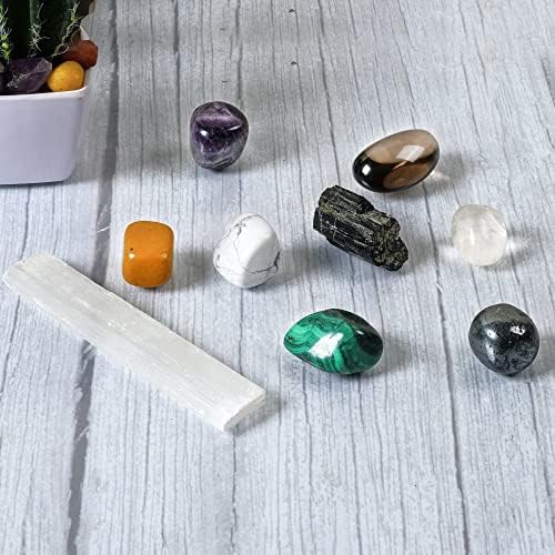 Исцелување кристали од премиум одделение и лековити камења за заштита - опсидијан, жолт авентурин, малахит, хематит, аметист, агат од дрво,