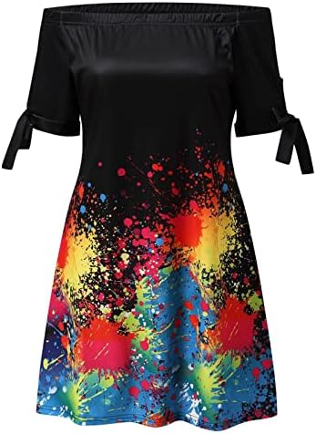 Надвор од рамената маица фустан за жени врски со кратки ракави без ремен фустани омбре вратоврска боја цветна обична лабава бохо сонце