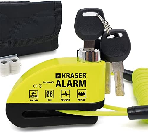 Kraser WA6Y аларм за аларм за сопирачки со сопирачки за засилување 110dB Засилен, водоотпорен, 6мм/0,24 , кабел за потсетување од 5ft, торбичка, Универзални мотоцикли Скутери, б?