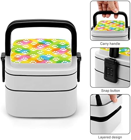 Акварел кучиња Pawprint Bento Box Double Layer All-in-One Stackable Cantainer за ручек со лажица за патување за пикник